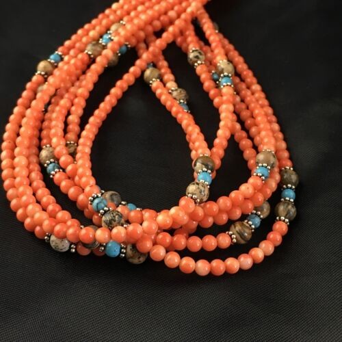 Navajo Orange Bamboo Coral Necklace 7 Strand Sterling Silver 19" 10173