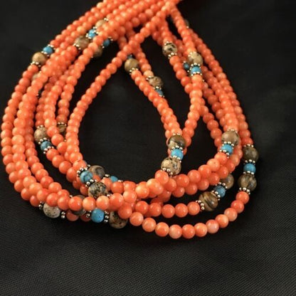 Navajo Orange Bamboo Coral Necklace 7 Strand Sterling Silver 19" 10173