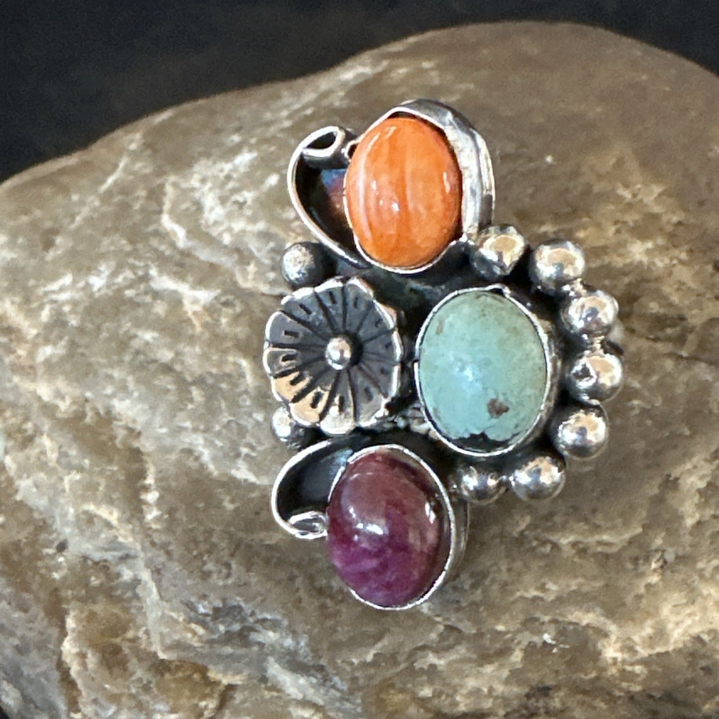 Multicolor Ring Turquoise Spiny Navajo Sterling Silver Cluster Size 8.5 19181