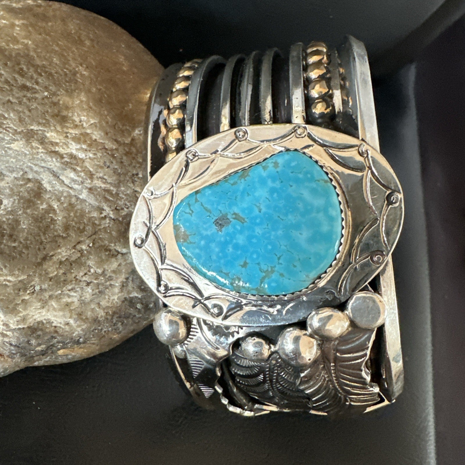 Blue Turquoise Navajo Sterling Silver Cuff Bracelet 12K Gold 19131