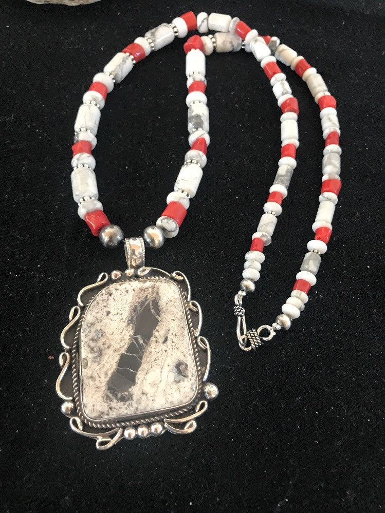 Navajo Pearls Sterling White Buffalo Turquoise Necklace Pendant 08216 XL