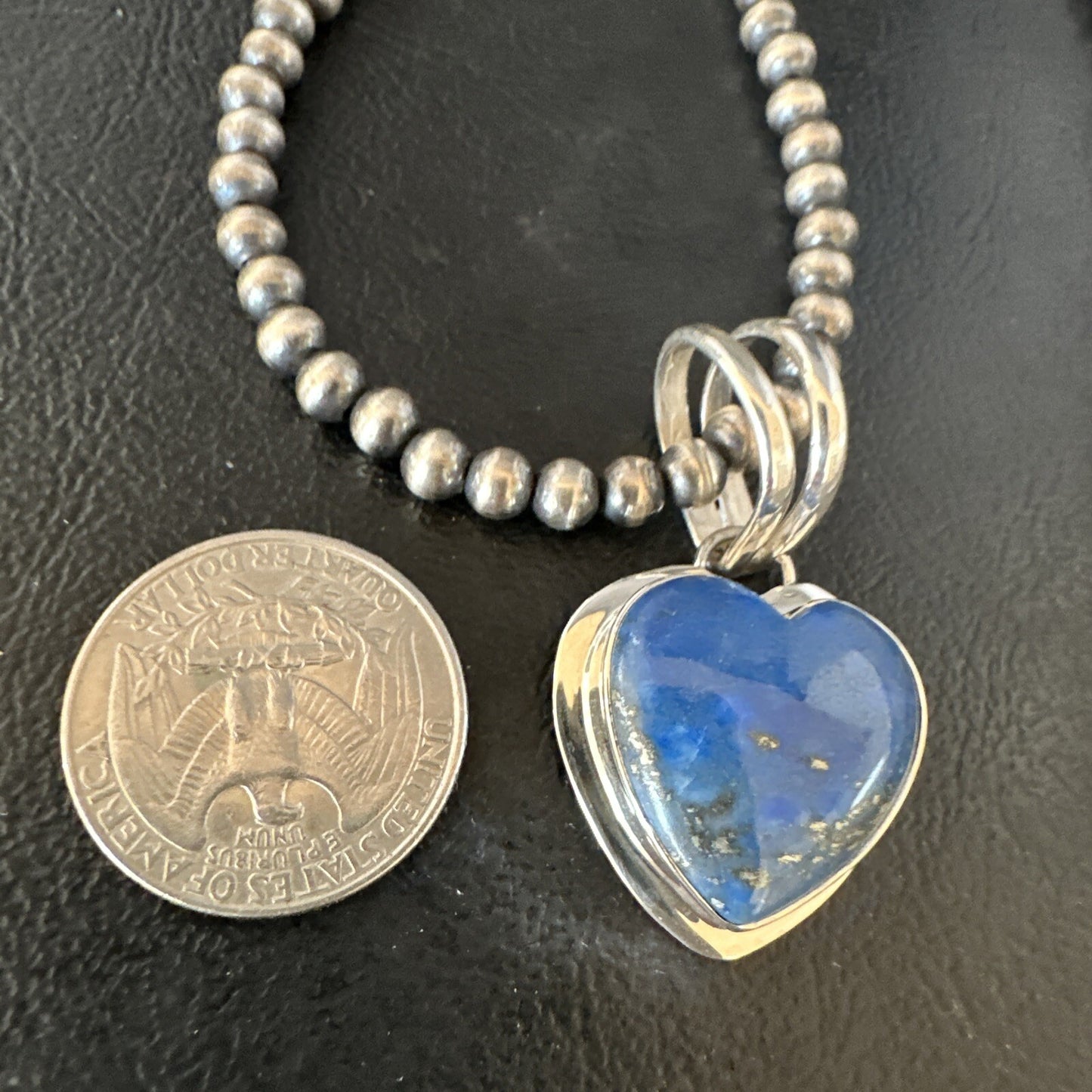 Blue Heart Lapis Pendant Navajo Sterling Silver Beads Necklace 15018