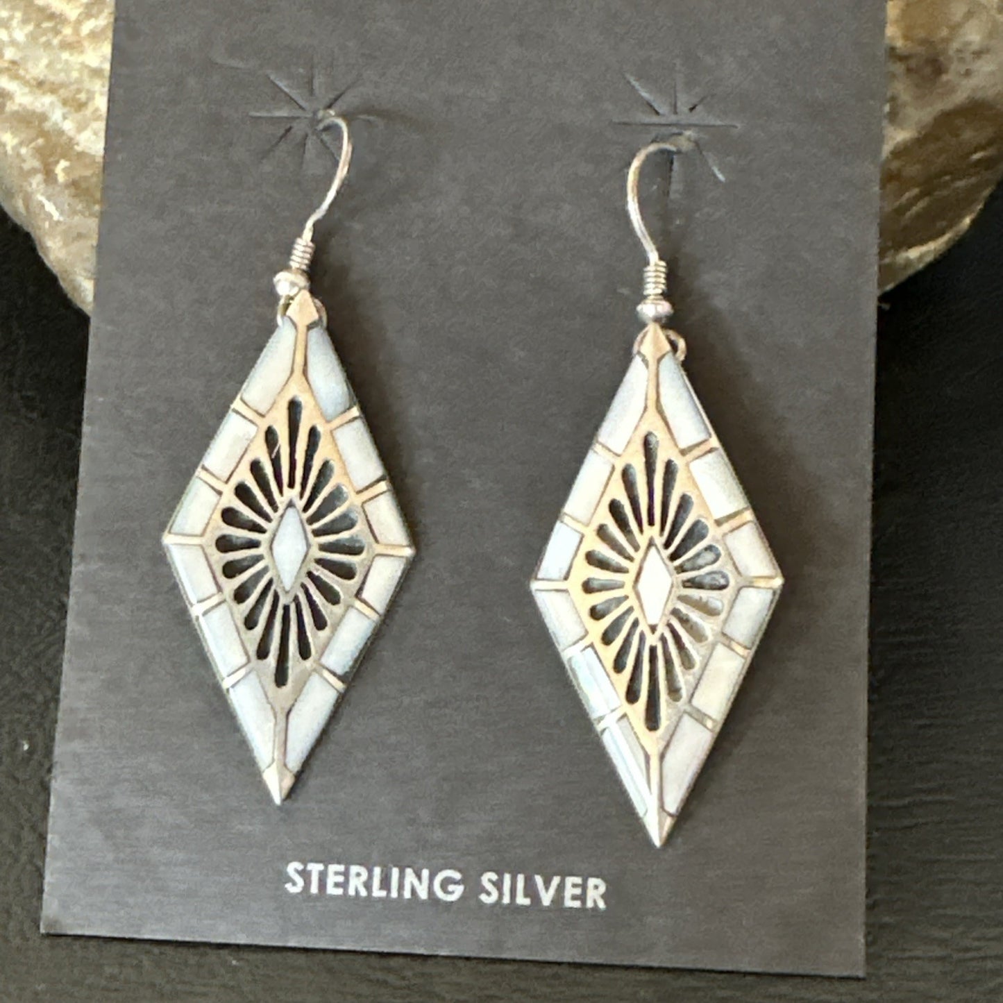 White Mother of Pearl Navajo Sterling Silver Dangle Inlay Earrings 19014