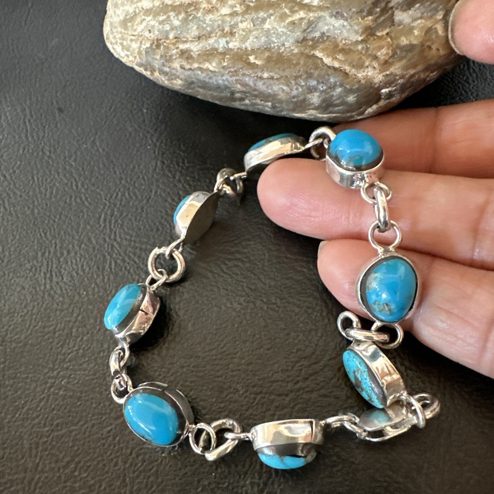 Blue Kingman Turquoise Navajo Sterling Silver Link Bracelet 8” 18301