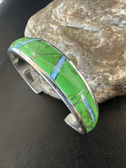 Womens Green Gaspeite Inlay Cuff Bracelet 7.05” Sterling Silver 19153