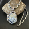 White Buffalo Turquoise Pendant Navajo Pearls Necklace | Sterling Silver | Authentic Native American Handmade | 19342
