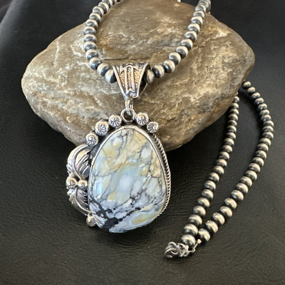 White Buffalo Turquoise Pendant Navajo Pearls Sterling Silver Necklace 19342