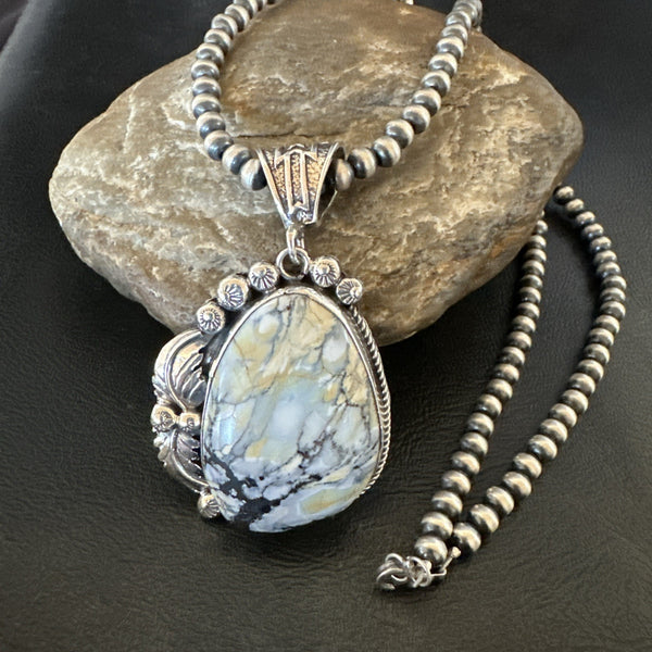 White Buffalo Turquoise Pendant Navajo Pearls Necklace | Sterling Silver | Authentic Native American Handmade | 19342