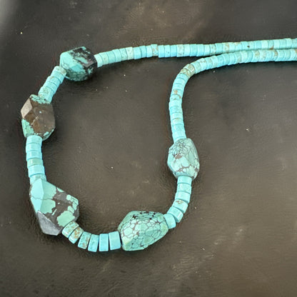 Native Turquoise Nugget Heishi Bead Navajo Sterling Silver Necklace 17807