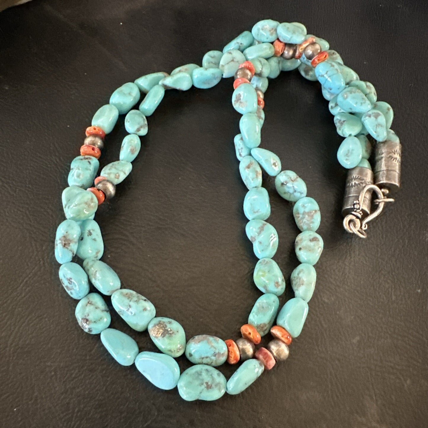 Spiny Oyster Nacosari Turquoise 2S Navajo Sterling Silver Necklace 19" 17785