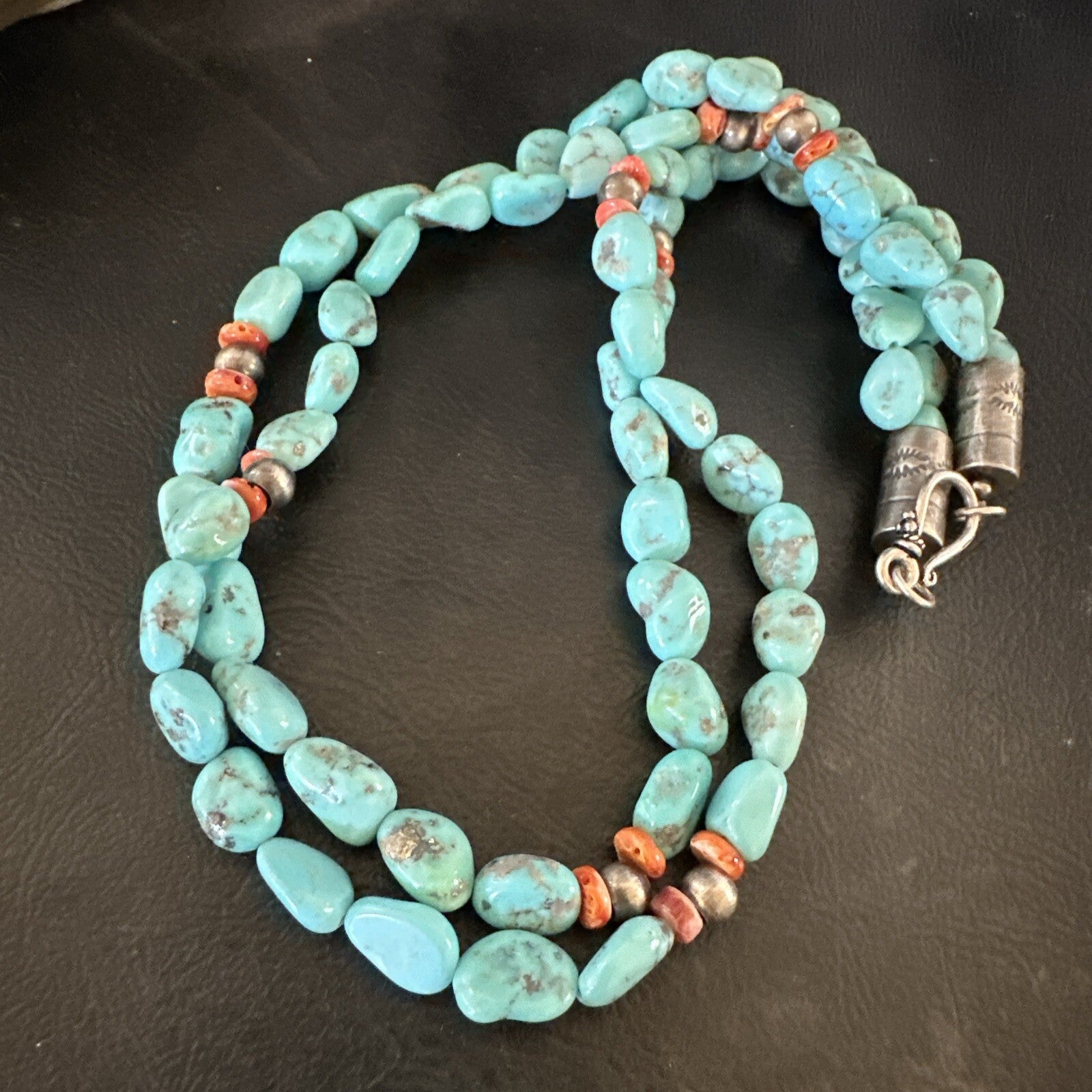 Spiny Oyster Nacosari Turquoise 2S Navajo Sterling Silver Necklace 19" 17785
