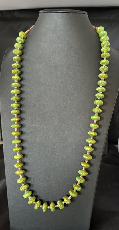 Green Mohave Turquoise Shell Santo Domingo Sterling Silver Necklace 32”19661