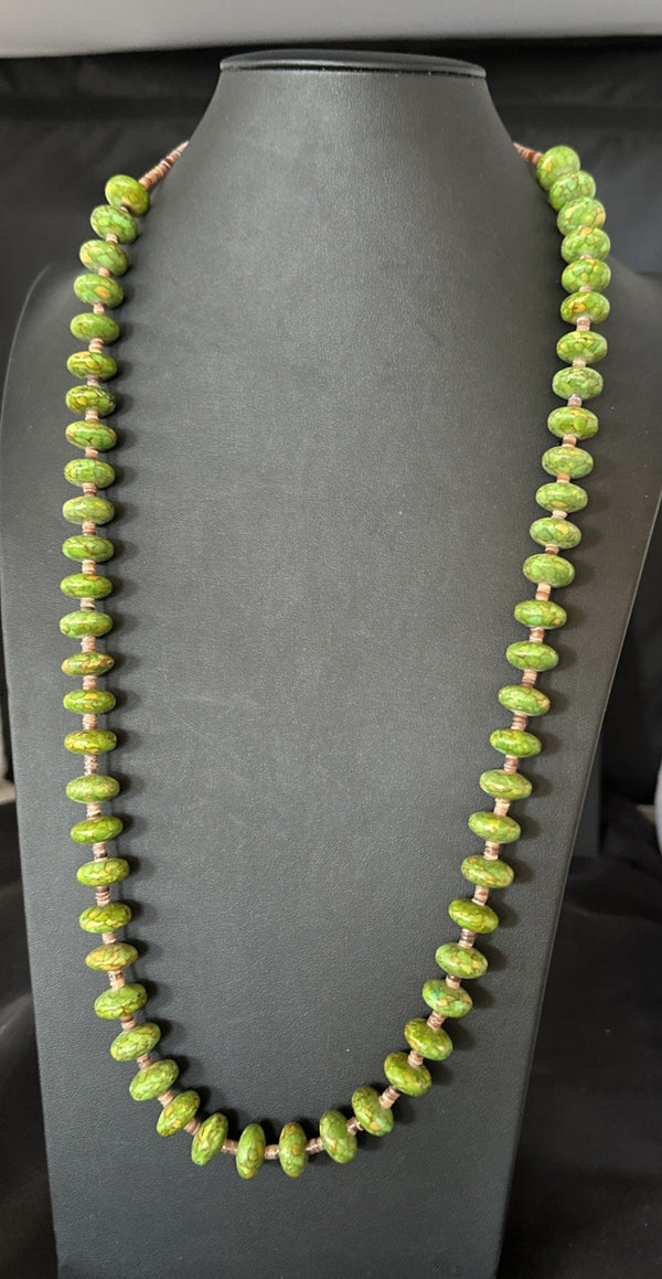 Green Mohave Turquoise Shell Santo Domingo Necklace 32" | Sterling Silver | Authentic Native American Handmade | 19661