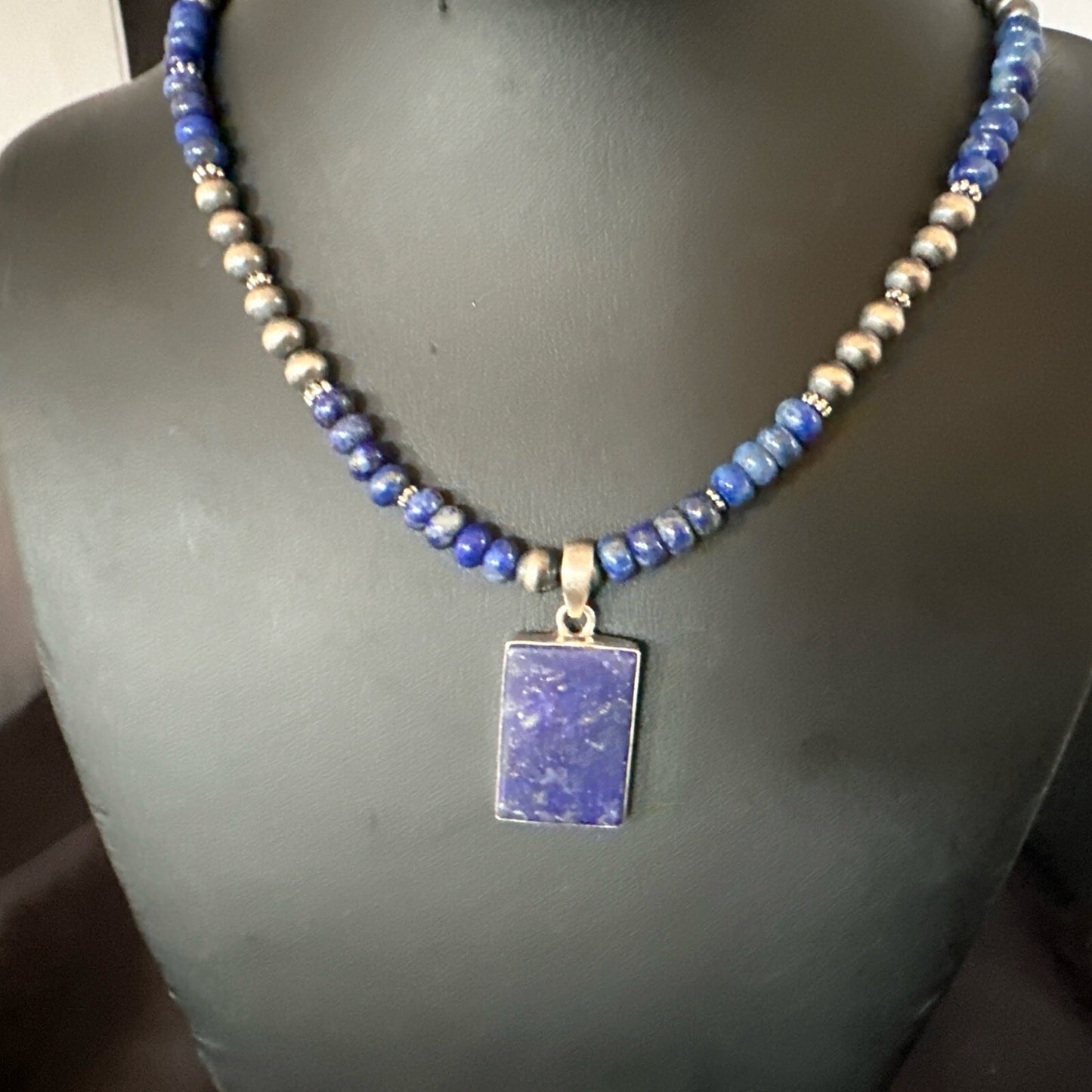 Blue Lapis Pendant Navajo Pearls Sterling Silver Necklace 20” 18688