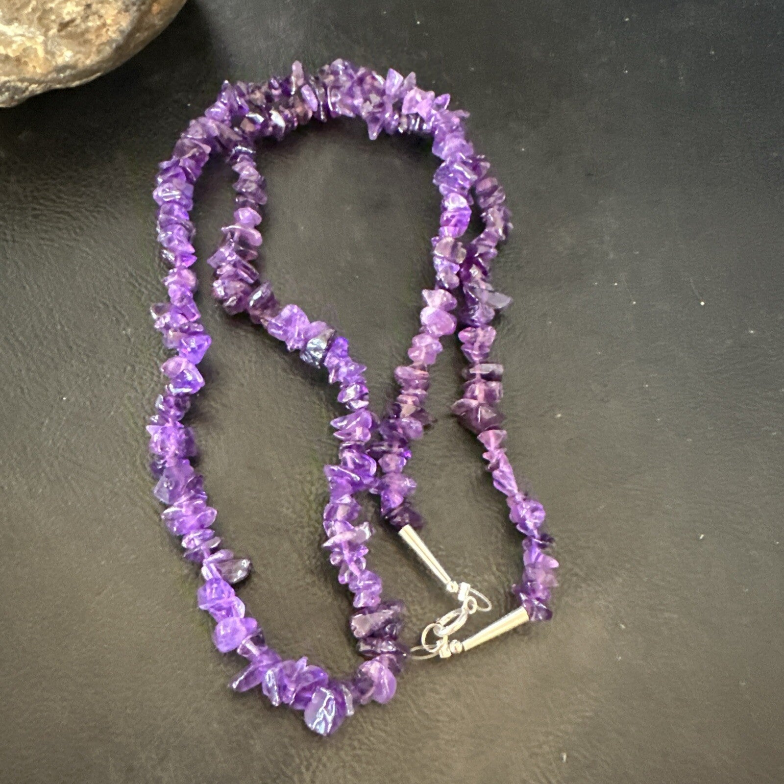 Purple Nugget Amethyst Southwestern Sterling Silver Beads Necklace 26” 18820