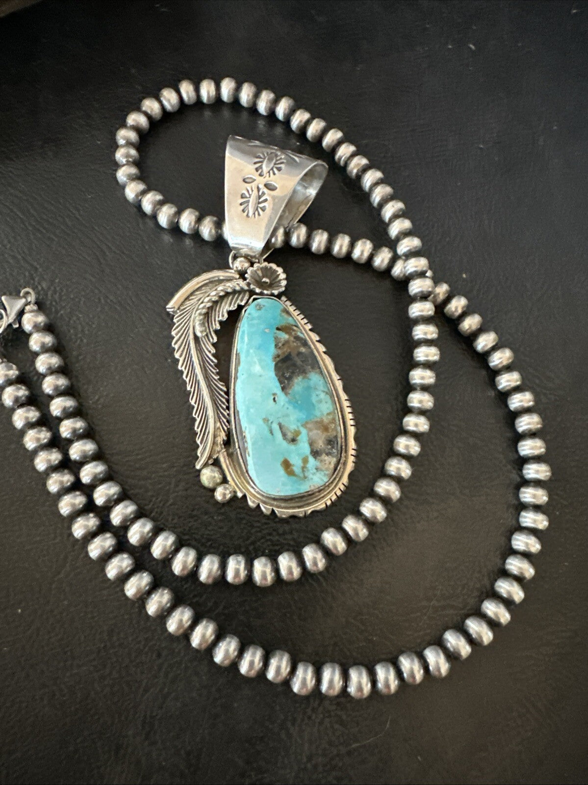Mens Womens Blue Turquoise Pendant Sterling Silver Beads Sterling Necklace 18648