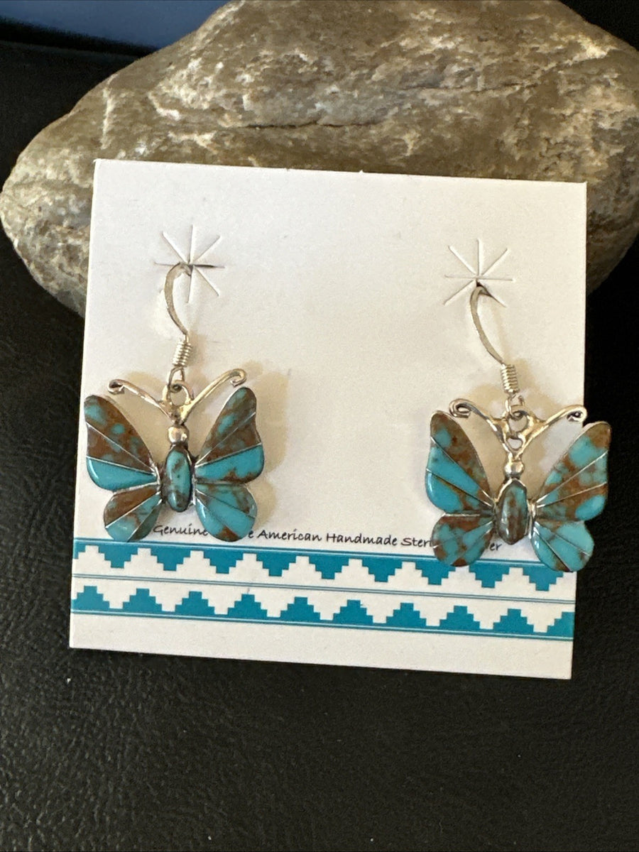 Butterfly Multicolor Turquoise#8 Inlay Sterling Silver Earrings 19818