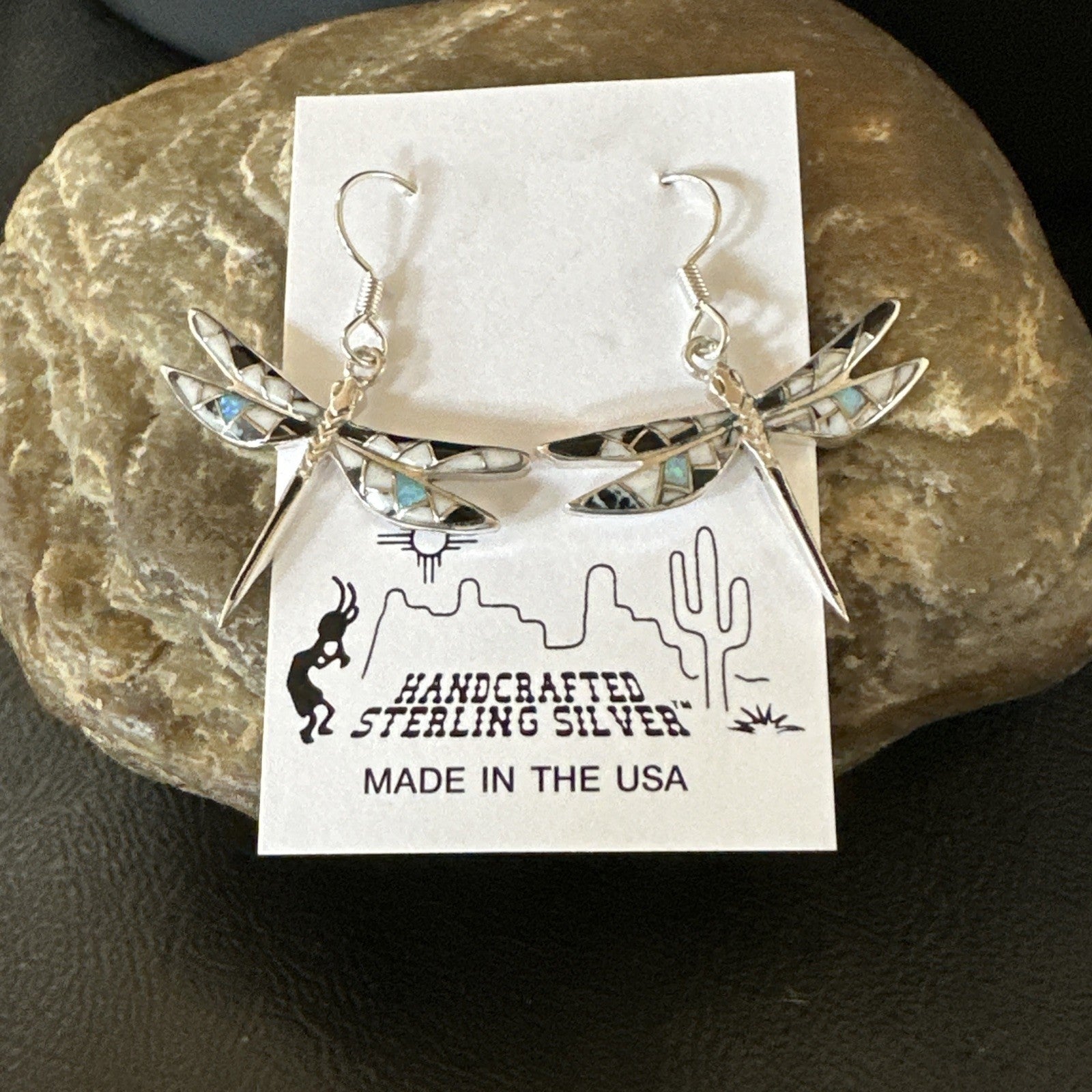 White Buffalo Turquoise Onyx Opal Navajo Sterling Silver Inlay Earrings 1" 18548