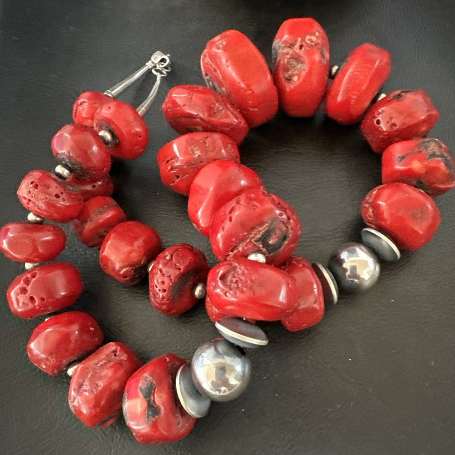 Chunky Navajo Red Bamboo Coral Sterling Silver Bead Necklace 24” Graduated 19530