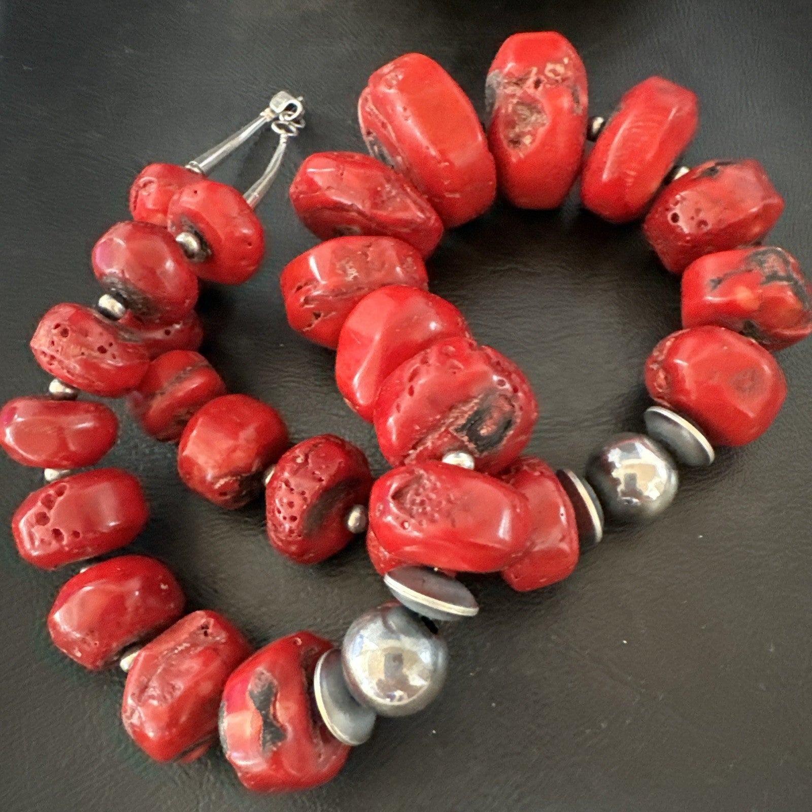 Chunky Navajo Red Bamboo Coral Sterling Silver Bead Necklace 24” Graduated 19530