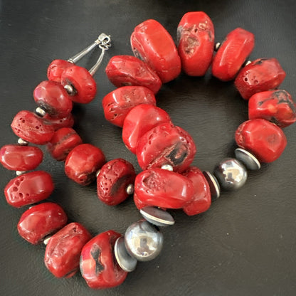 Chunky Navajo Red Bamboo Coral Sterling Silver Bead Necklace 24” Graduated 19530