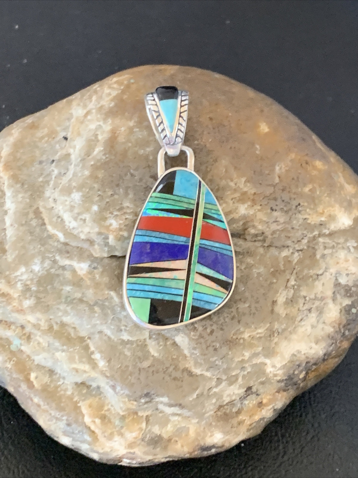 Womens Blue Turquoise Coral & Opal Navajo Sterling Silver Inlay Pendant 12493