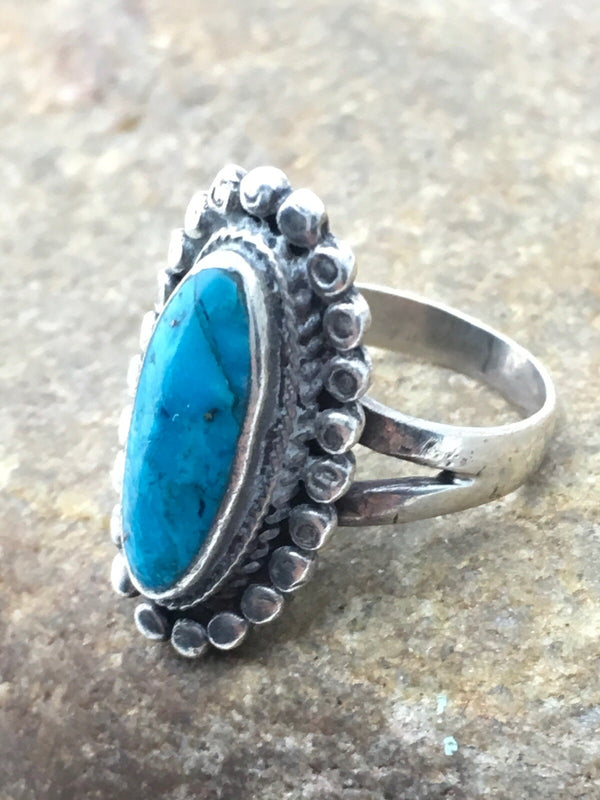Blue Turquoise Navajo Old Pawn Children's Ring Size 3.75 | Sterling Silver | Authentic Native American Handmade | 04410