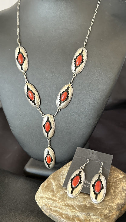 Old Native Navajo Red Coral Sterling Silver Shadowbox Necklace Earrings 18”19101