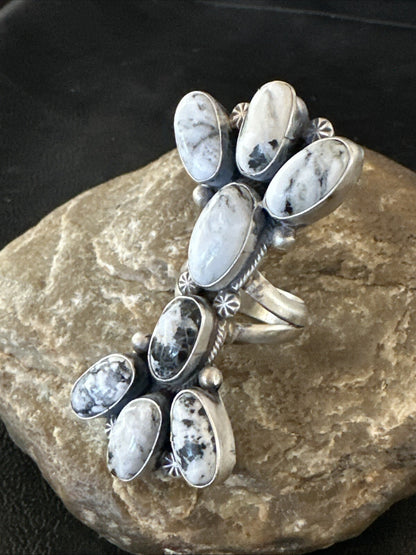 White Buffalo Turquoise Navajo Sterling Silver Cluster Ring Size 6.5 18623
