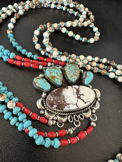 XL Statement Wild Horse Turquoise#8 Navajo 3S Sterling Silver Necklace 34” 19674