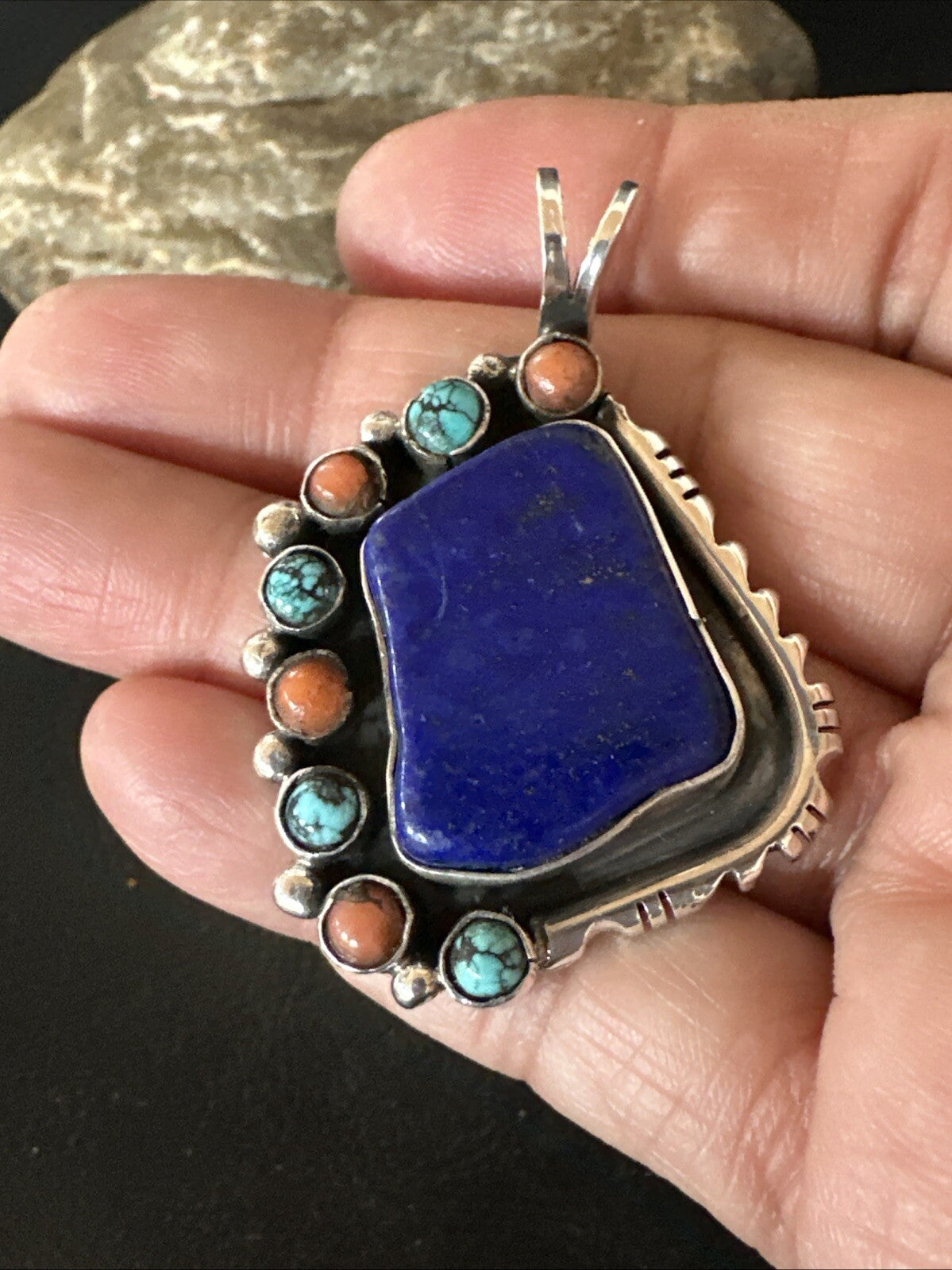 Blue Lapis Cluster Pendant Navajo Sterling Silver Beads Necklace 18754