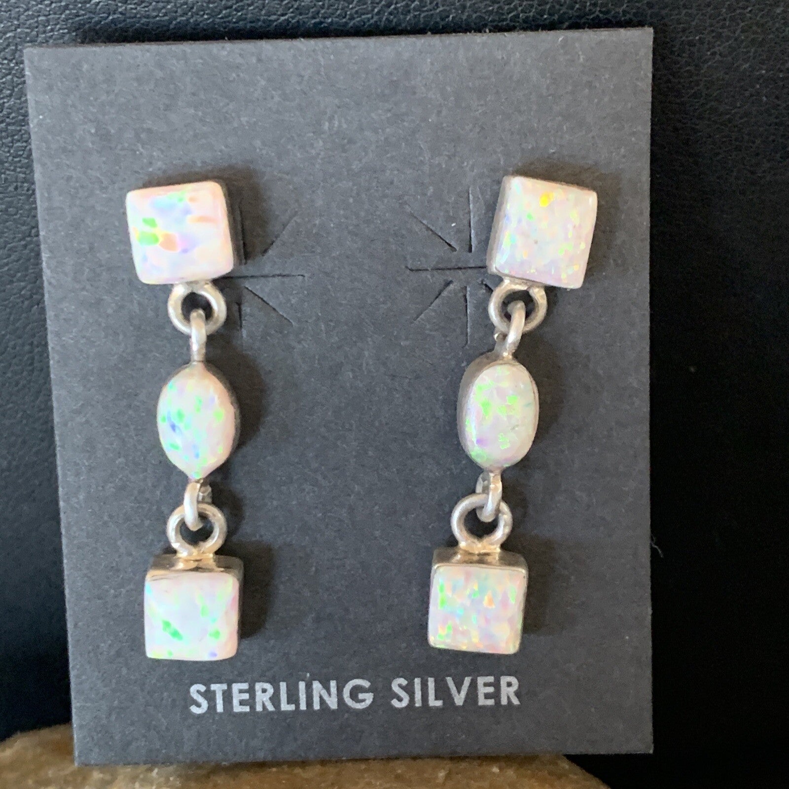 Womens White Opal Inlay Navajo Sterling Silver Dangle Post Earrings 1" 12769