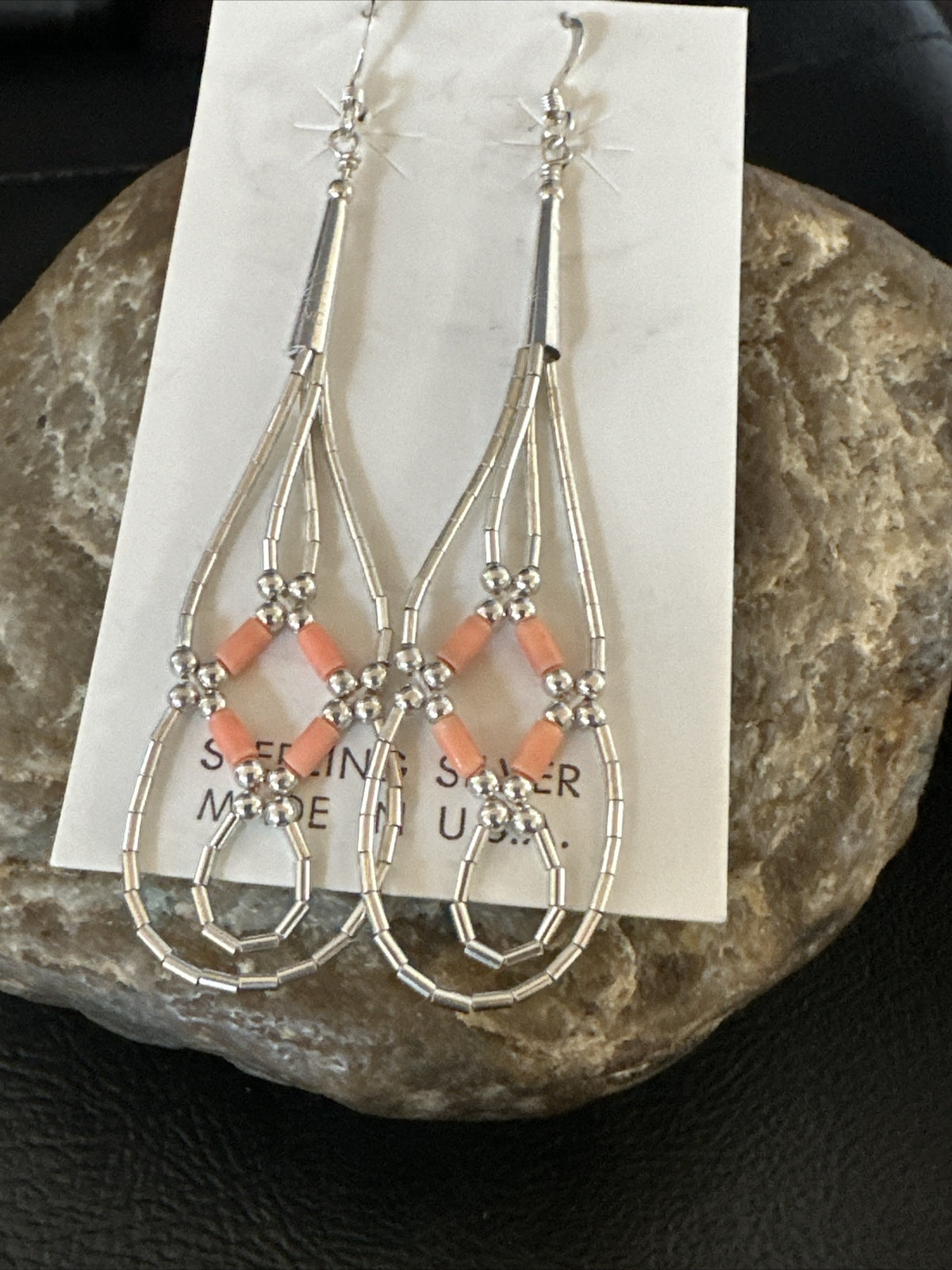 Pink Coral 2 Strands Heishi Liquid Sterling Silver Dangle Earrings 2" 17983