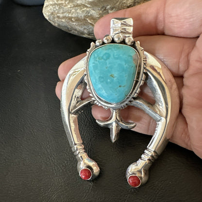 Tufa Cast Navajo Sterling Silver Blue Kingman Turquoise Coral Naja Pendant 19355