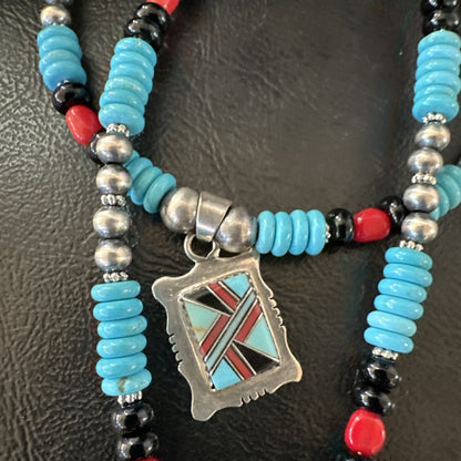 Multicolor Turquoise Coral Navajo Sterling Silver Inlay Pendant Necklace 19649