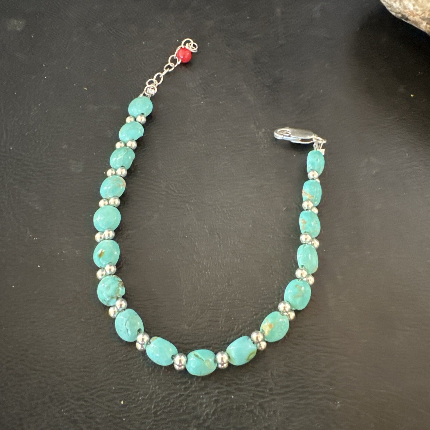 Womens Blue Turquoise Bead Southwestern Sterling Silver Link Bracelet 8" 17976