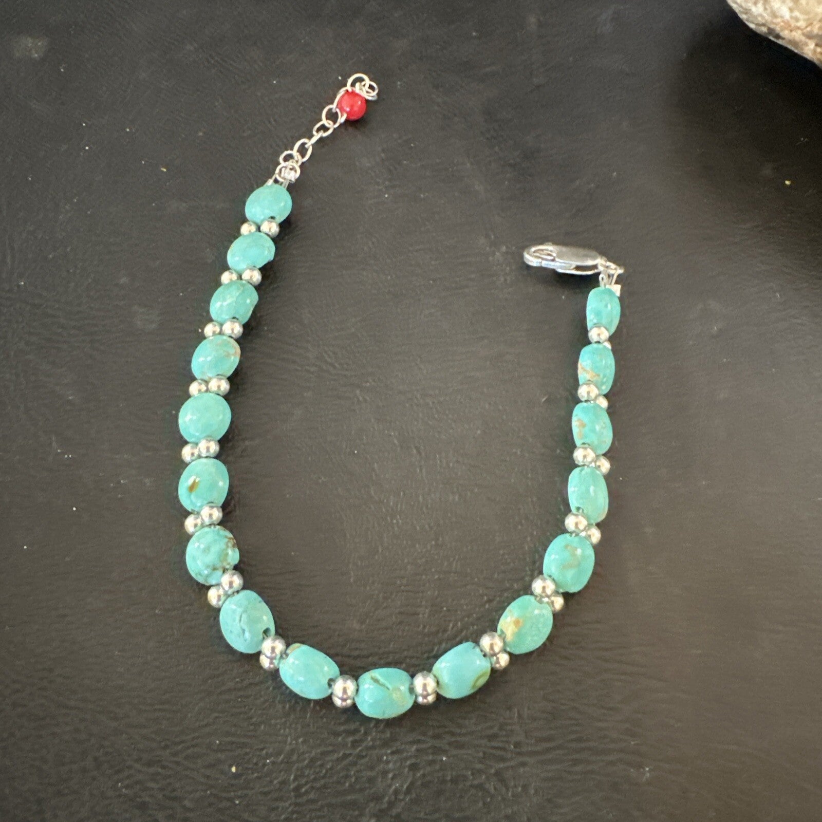 Womens Blue Turquoise Bead Southwestern Sterling Silver Link Bracelet 8" 17976