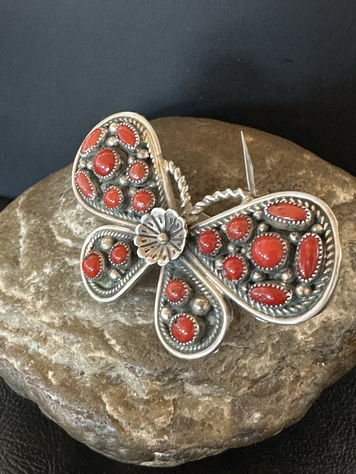 Red Coral Butterfly Sterling Silver Cluster Navajo Ring Size 8 00988