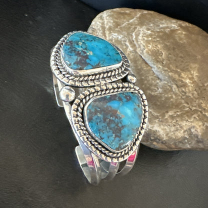 Navajo Blue TURQUOISE Stamped 2 Stone Sterling Silver Cuff Bracelet 8.25" 18717