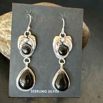 Black Onyx Navajo Sterling Silver Dangle Earrings 1.5" 18287