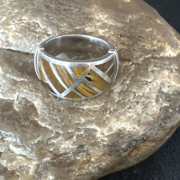 Women Coffee Tigers Eye Navajo Inlay Ring Size 7 | Sterling Silver | Authentic Native American Handmade | 19036