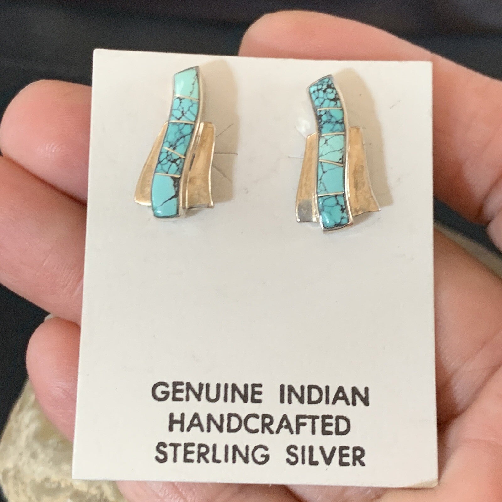 Womens Blue Spider Web Turquoise Navajo Sterling Silver Inlay Earrings 12899