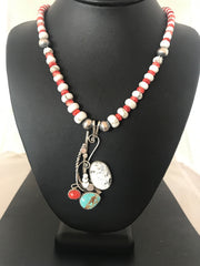 Blue Turquoise Spiny Oyster Pendant Pearls Beads Silver Necklace | Sterling Silver | Authentic Native American Handmade | 8644