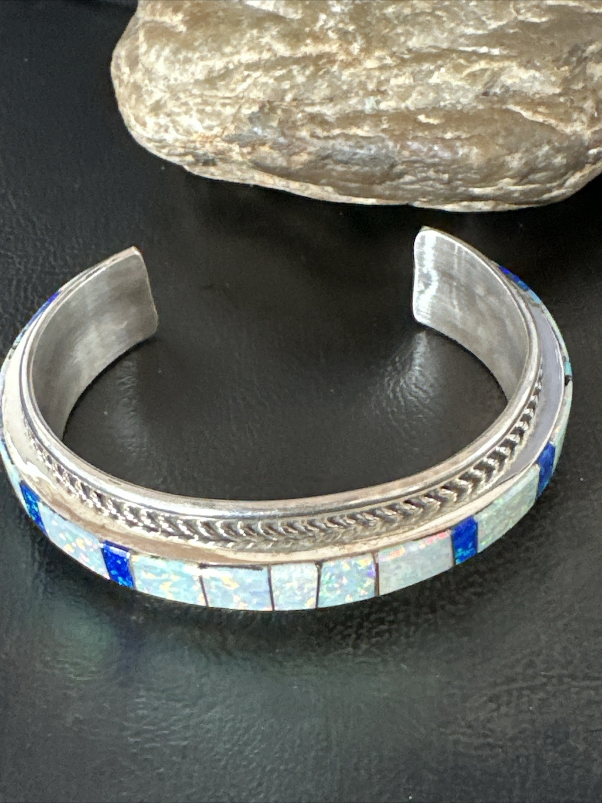 Blue Lapis Opal Zuni Sterling Silver Cuff Inlay Bracelet 17956