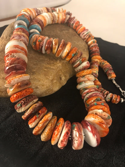 Mens Turquoise & Spiny Oyster Navajo Sterling Silver Beads Necklace 32" 08419
