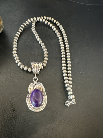 Purple Stone Pendant Navajo Pearls Sterling Silver Necklace 20” 18049