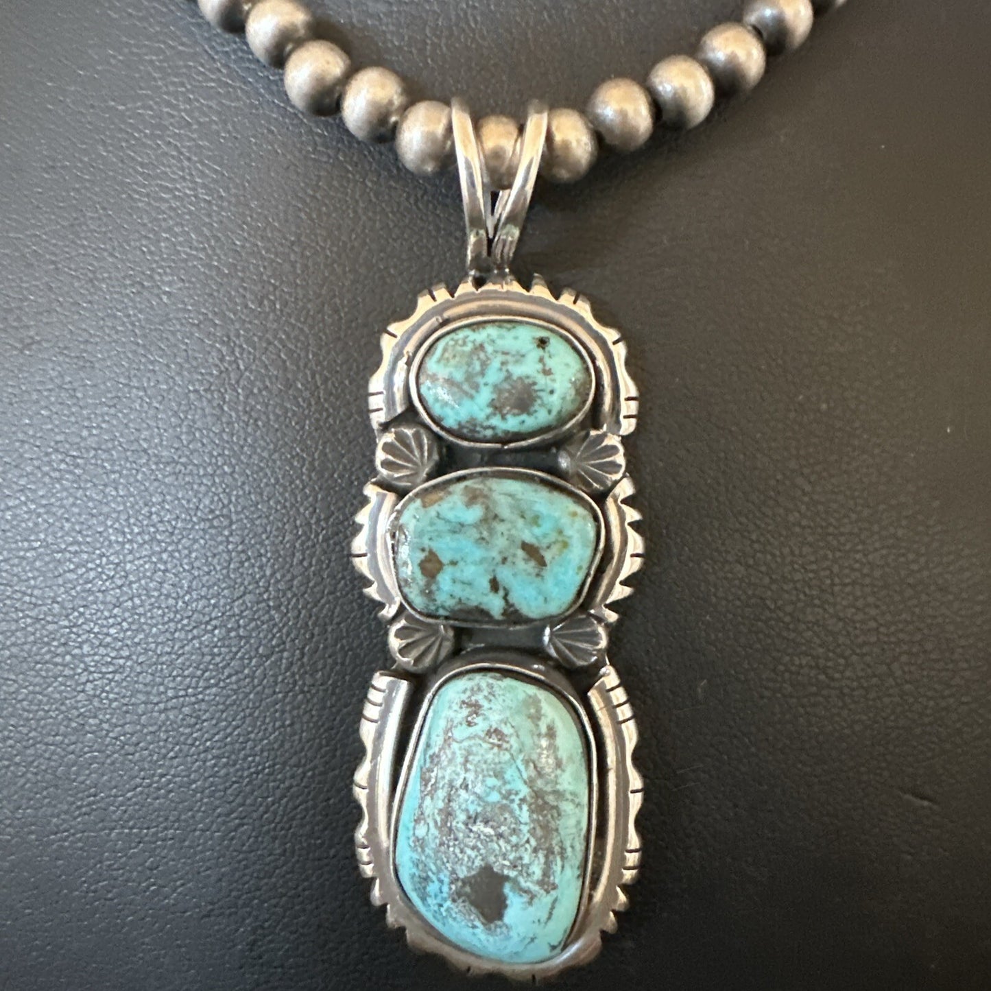 Blue Kingman Turquoise 3 Stone Navajo Sterling Silver Cluster Pendant 17633