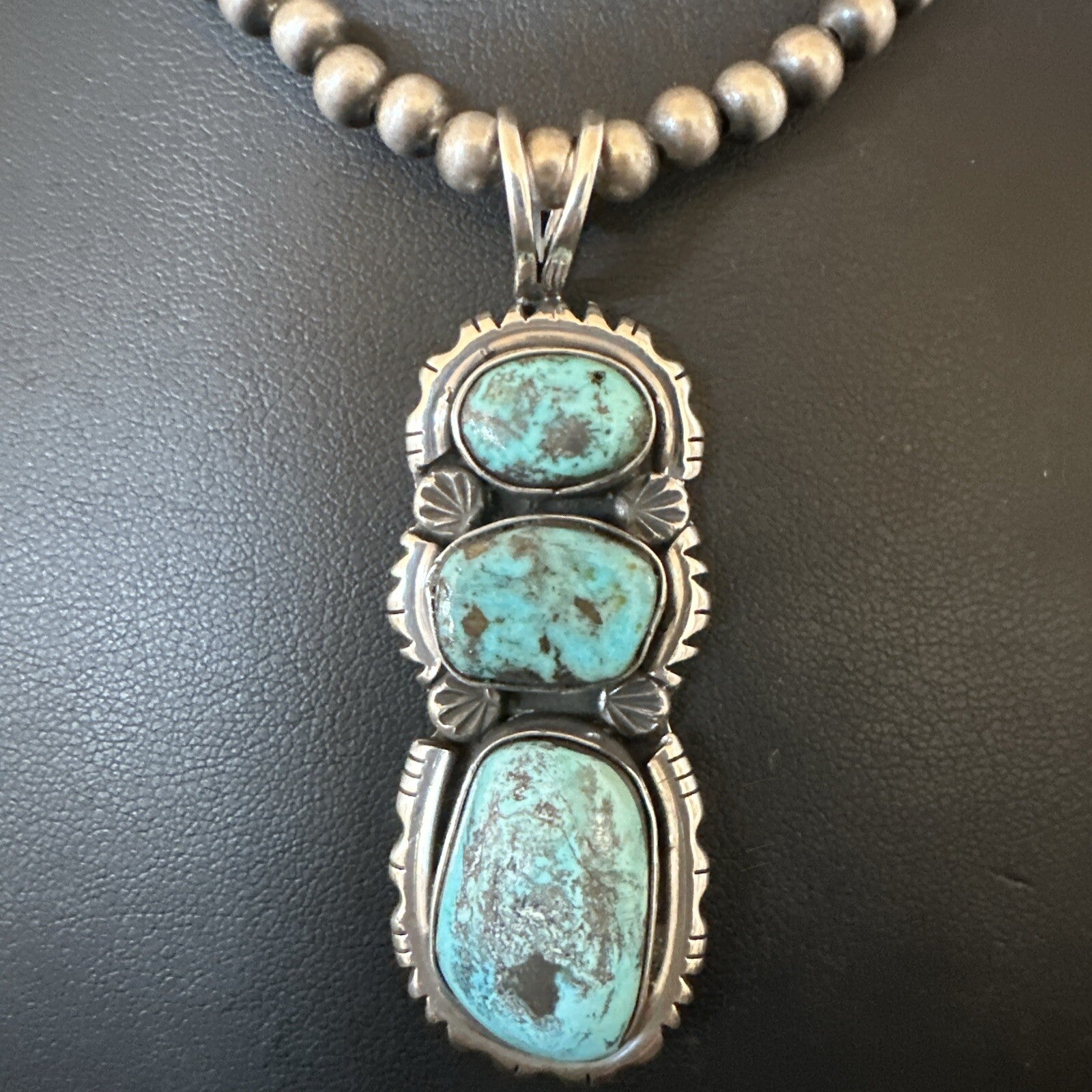 Blue Kingman Turquoise 3 Stone Navajo Sterling Silver Cluster Pendant 17633