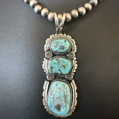 Blue Kingman Turquoise 3 Stone Navajo Sterling Silver Cluster Pendant 17633