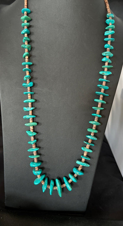 Santo Domingo Kingman Turquoise Heishi Sterling Silver Bead 32” Necklace 19554